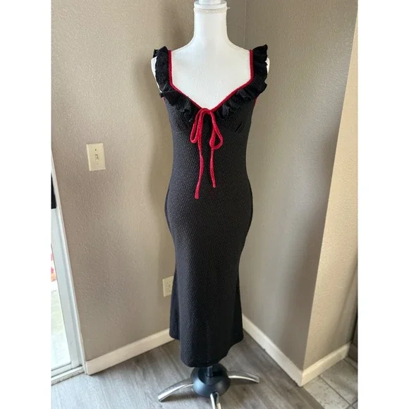 Cider Black Red Ruffle Bow Textured Sweetheart Neck Midi Dress Size M - Picture 1 of 8